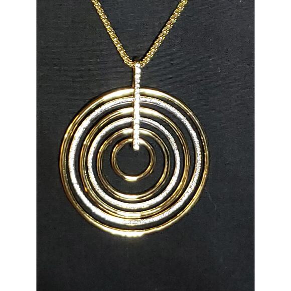 Two Tone Concentric Circles Pendant Chain Necklace Rhinestone Silver & Gold Tone - Picture 4 of 9